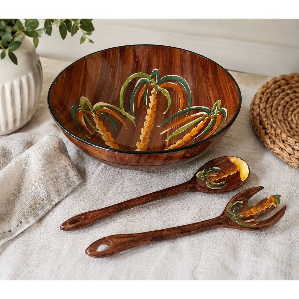 Vintage Italian Hand Painted Palm Tree Ceramic Salad Bowl Set w/ Servers